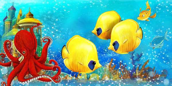 在美丽的水下王国珊瑚礁与鱼卡通场景儿童插图