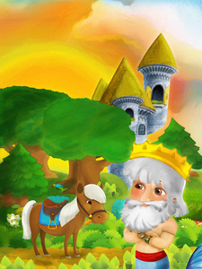 卡通森林场景，王子站在森林和城堡塔附近的小路上儿童插图