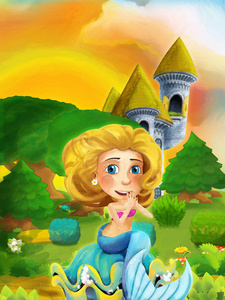 卡通森林场景，公主站在森林和城堡塔附近的小路上儿童插图