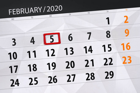 2020年2月日历规划师，截止日，5，w