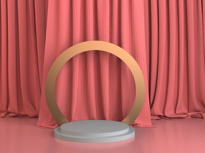 3d渲染抽象白色基座，粉红色背景，带窗帘，用于产品化妆品展示。