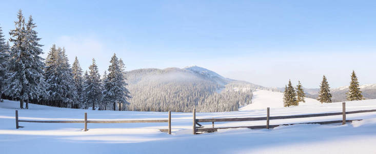 冬天的景色。木栅栏。全景。山峦秀丽，森林覆盖着白雪和蓝天。墙纸雪地背景。地点欧洲乌克兰喀尔巴阡山广场。