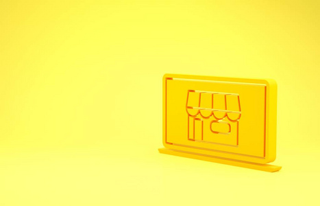 黄色购物大楼屏幕上的笔记本电脑图标独立于黄色背景上。概念电子商务，电子商务，在线商务营销。极简主义概念。三维插图三维渲染
