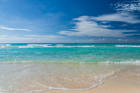 加勒比海海岸线美丽的海景，阳光明媚的沙滩上有干净的波浪状海浪海水