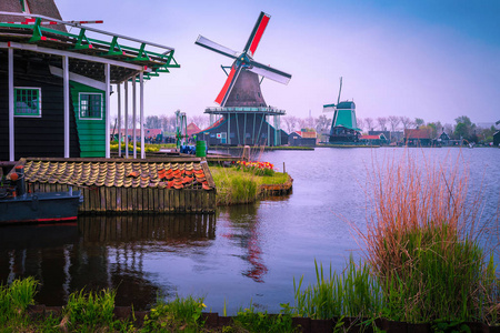 Old dutch windmills in Zaanse Schans museum village, Zaandam, Ne