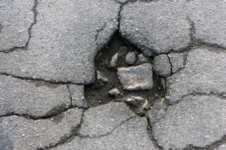 路面凹坑和沥青裂缝特写宏观。背景te