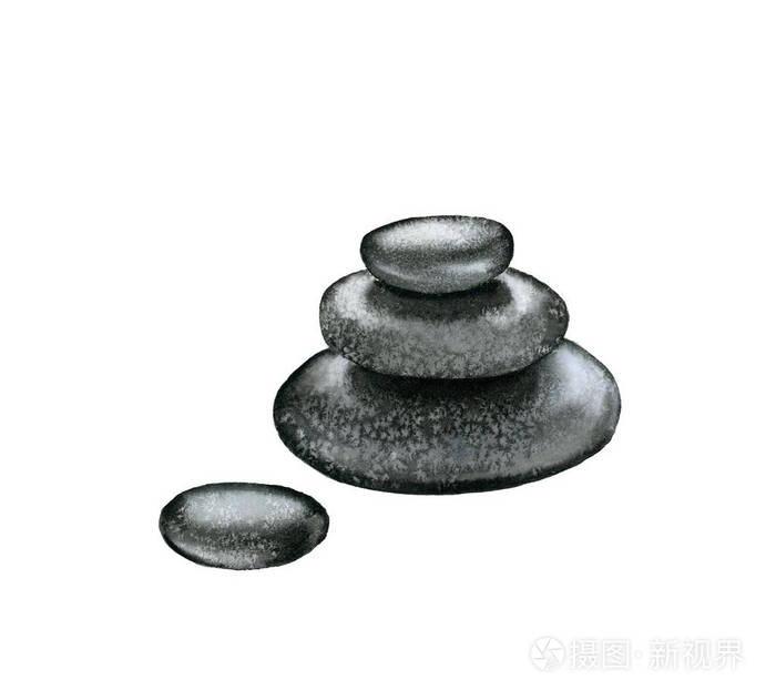 水彩石金字塔黑色玄武岩圆形石头spa和化妆品隔离在白色背景上美容