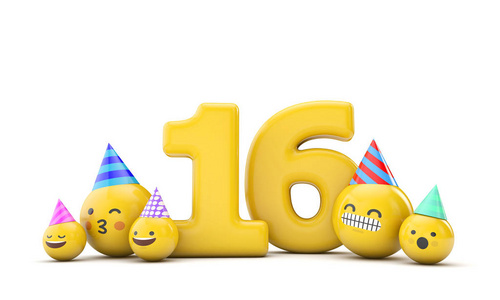 16号emoji生日派对庆祝活动。三维渲染