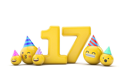 17号emoji生日派对庆祝活动。三维渲染