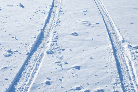 在雪地里有两条车辙。