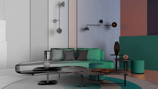 建筑师室内设计师理念成为现实的未完成工程，五彩缤纷的客厅绿松石沙发咖啡桌彩色面板地毯背景和复制空间