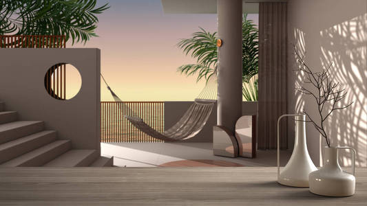 木质桌面或架子上有极简的现代花瓶，覆盖梦幻的露台，海上日落或日出全景，热带棕榈树，极简主义建筑室内设计