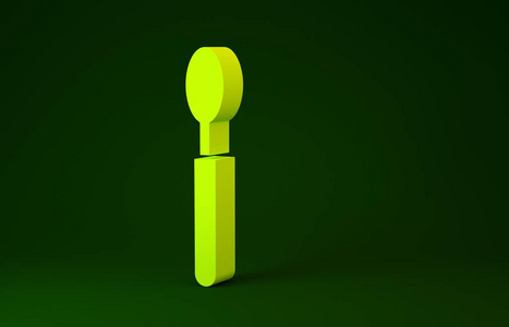 绿色背景上隔离的黄色勺子图标。烹饪用具。餐具标牌。极简主义概念。三维插图三维渲染