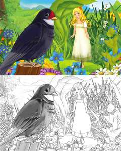 带素描页的森林里年轻美丽的小女孩的卡通场景