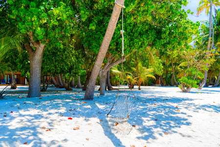 Empty hammock between palms trees at sandy beach