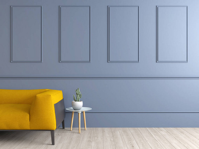 室内蓝色墙面装饰，黄色沙发和复制空间。三维渲染
