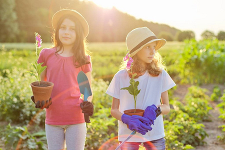 两个女孩的画像孩子拿着花盆，手套，拿着花园的铲子