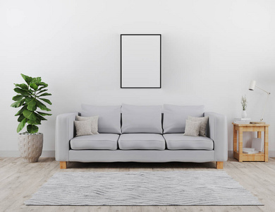 垂直黑色海报框架模型。带灰色沙发模型的现代客厅。斯堪的纳维亚风格，舒适时尚的内饰背景。三维渲染