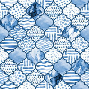 抽象摩洛哥几何无缝图案，单色海蓝色。