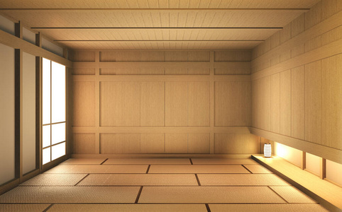 Empty room wood on wooden floor japanese interior design.3D rend