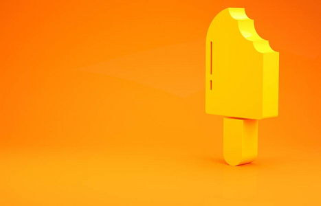 橙色背景上隔离的黄色冰淇淋图标。甜蜜的象征。极简主义概念。三维插图三维渲染