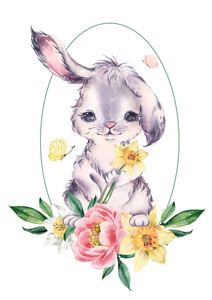 水彩插图可爱的兔子在水仙花和牡丹花。贺卡复活节快乐。