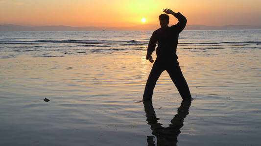 海边日落时练习能量练习的人的侧影