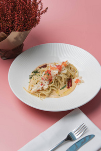 好吃 食欲 粉红色 餐厅 海鲜 美味的 意大利面 饮食 意大利语