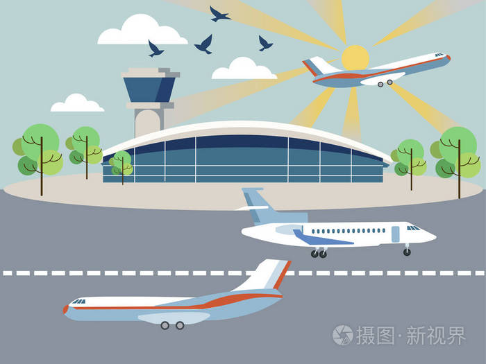 机场航空运输建筑和飞机简约风格卡通平面光栅