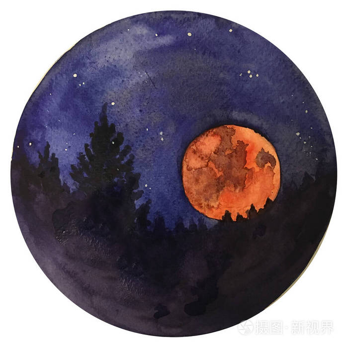 水彩画星夜之血月星空星系恐怖空间和占星术插图