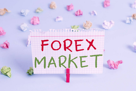 文字文字外汇市场。定义全球货币汇率的市场商业概念彩色皱褶矩形提醒纸浅蓝色背景。