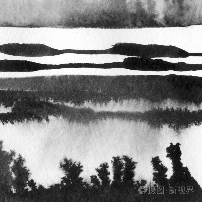 抽象山水水墨手绘插图黑白水墨冬季山水与河流极简手绘