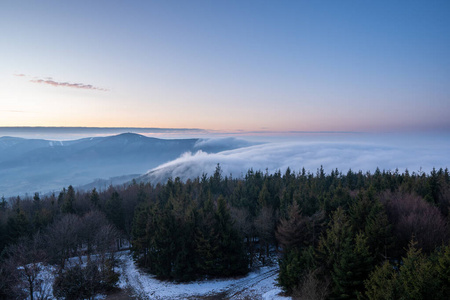 风景 早晨 冬天 全景图 日出 薄雾 森林 小山 自然 太阳