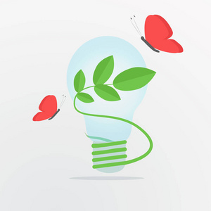 生态与绿色能源。白色背景上有植物和蝴蝶的灯泡，插图