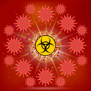 红色背景上的新型冠状病毒标志和生物危害标志。2019冠状病毒疾病