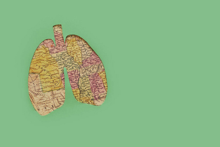 肺健康疗法医学概念。绿色背景下美国地图上肺的轮廓。呼吸道疾病，肺炎，肺结核，支气管炎，哮喘，肺脓肿