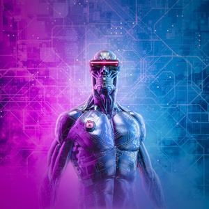 紫色 蒸汽 电子人 赛博朋克 三维 科学 玩家 霓虹灯 智力