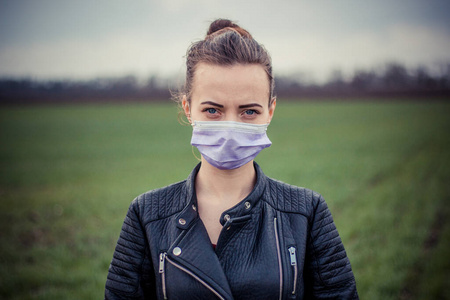 女孩 感染 光晕 面具 公园 自然 发烧 冠状病毒 呼吸系统