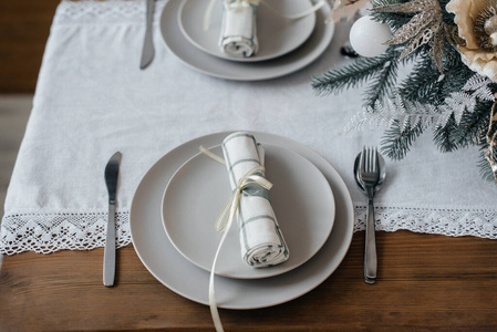 晚餐 传统 桌子 餐巾 冷杉 松木 圣诞节 盘子 复古的