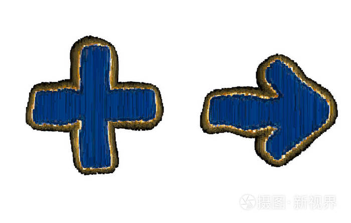 工业金属3d制作的符号集加号和右箭头
