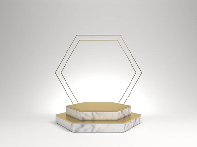 白色背景上独立的白色大理石基座的3d渲染，六边形金色框架，纪念板，六边形台阶，抽象简约概念，空白空间，干净的设计，奢华的极简模型