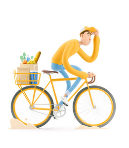 快递概念。3d插图。卡通人物。穿着黄色制服的快递员赶着骑着自行车送订单。