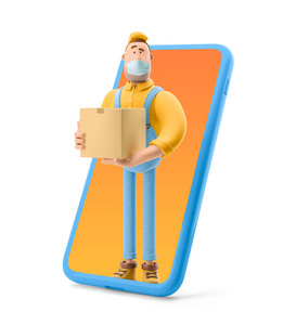 3d插图。卡通人物。一个穿着工作服的送货员站在电话里，拿着一个装有包裹的盒子。安全在线交付概念。