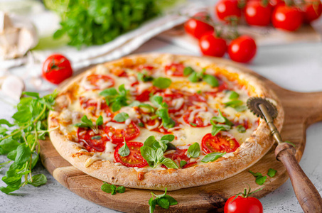 地中海 菜单 美食家 番茄 奶酪 美味的 食物 披萨 桌子