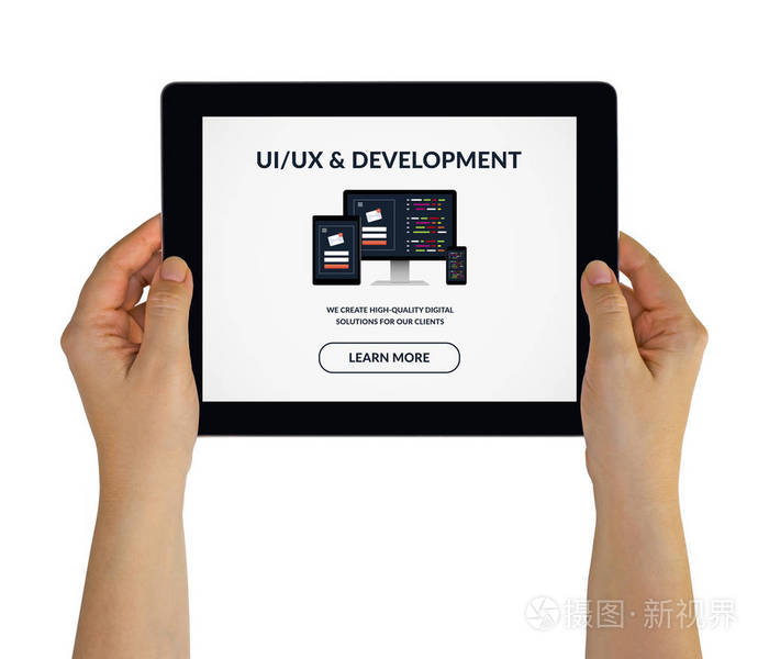 屏幕上带有uiux设计和开发概念的手持平板电脑