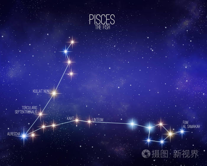 双鱼座在星空背景上的鱼十二宫星座图上面有它的主要恒星的名字恒星的