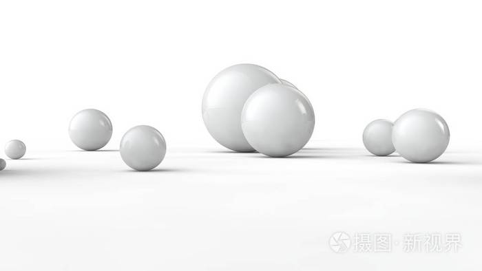 白色表面上不同大小球的3d插图.秩序,混乱和抽象的概念.