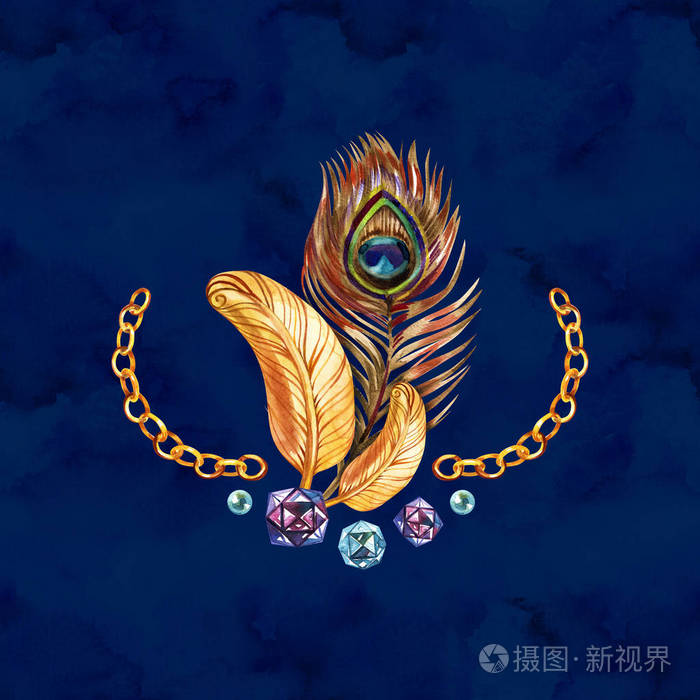 孔雀金羽毛复古卷曲水彩背景豪华壁纸