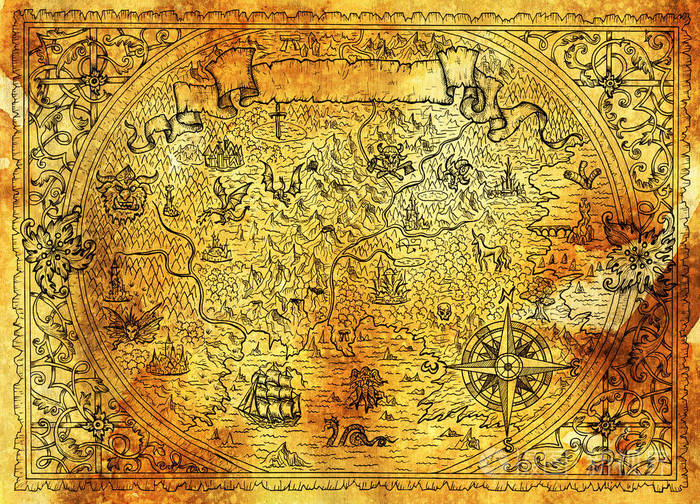 黄金地图幻想世界与龙海盗船美人鱼精灵妖精在蓝色