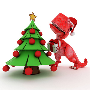 带圣诞树礼物的友好卡通恐龙图片